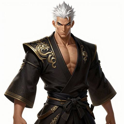 Digital anime-style drawing of a muscular, white-haired man with piercing blue eyes, wearing an ornate black kimono with gold embroidery.