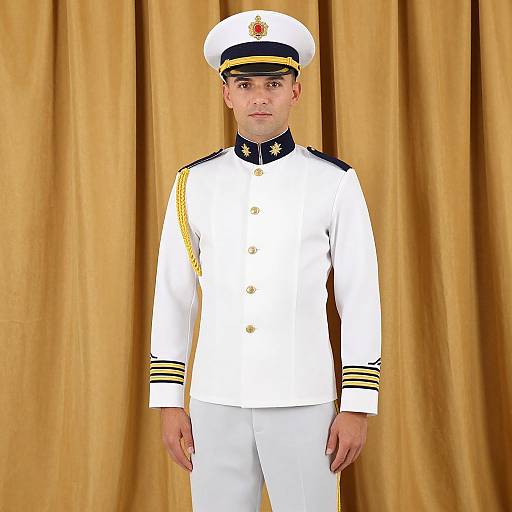 Photograph of a young man in a white naval officer uniform with gold trim, black epaulets, and gold chain, standing against golden curtains