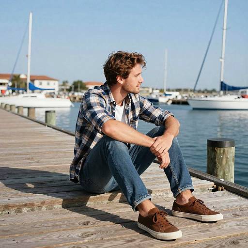 Man Relaxing on Pier by Marina
