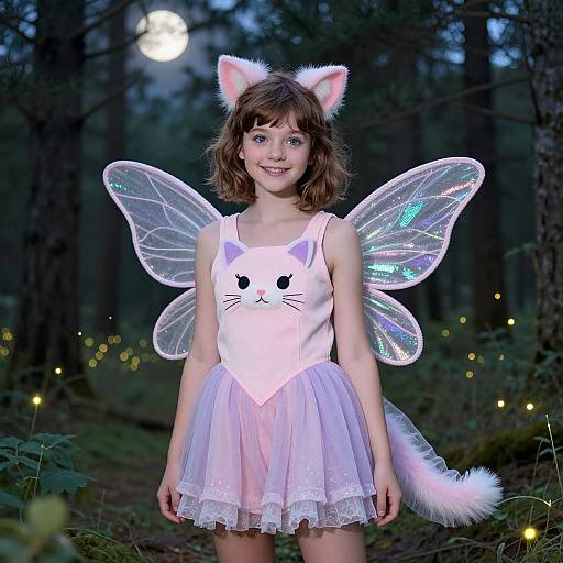 Photograph of a young girl with cat ears, glowing fairy wings, and a white, cat-print dress, standing in a moonlit forest with fire