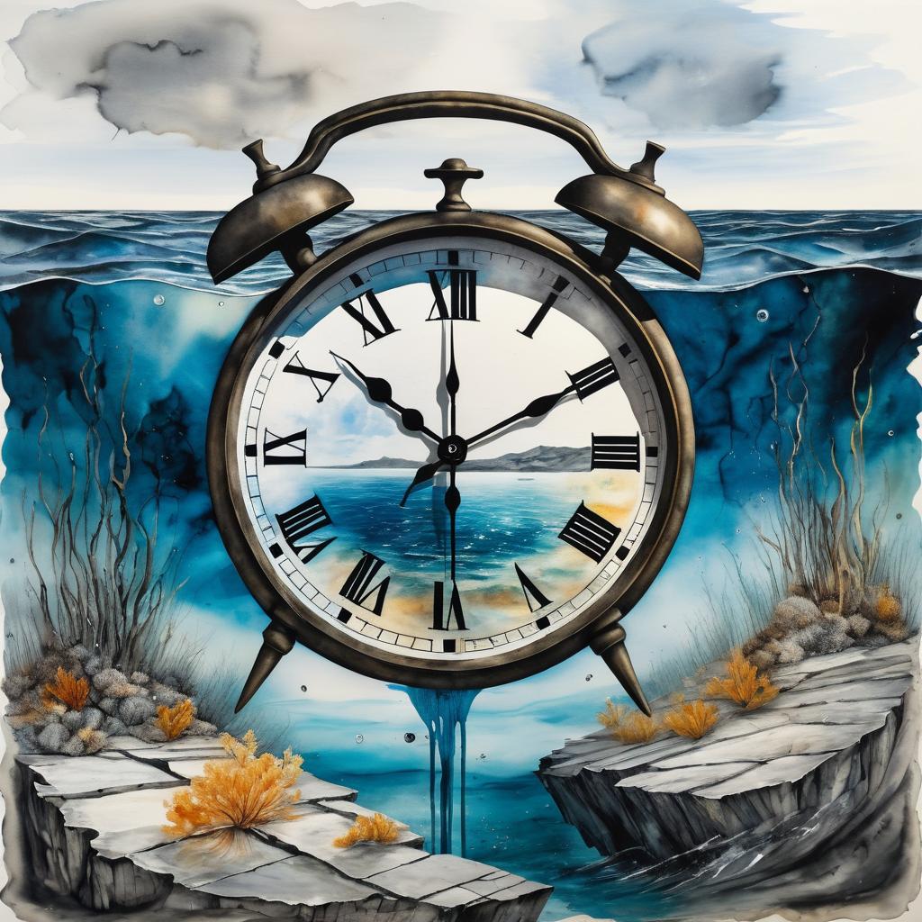 Melting Clock in Surreal Underwater Scene