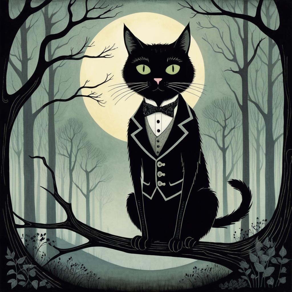 Whimsical Cat in Gloomy Forest Scene