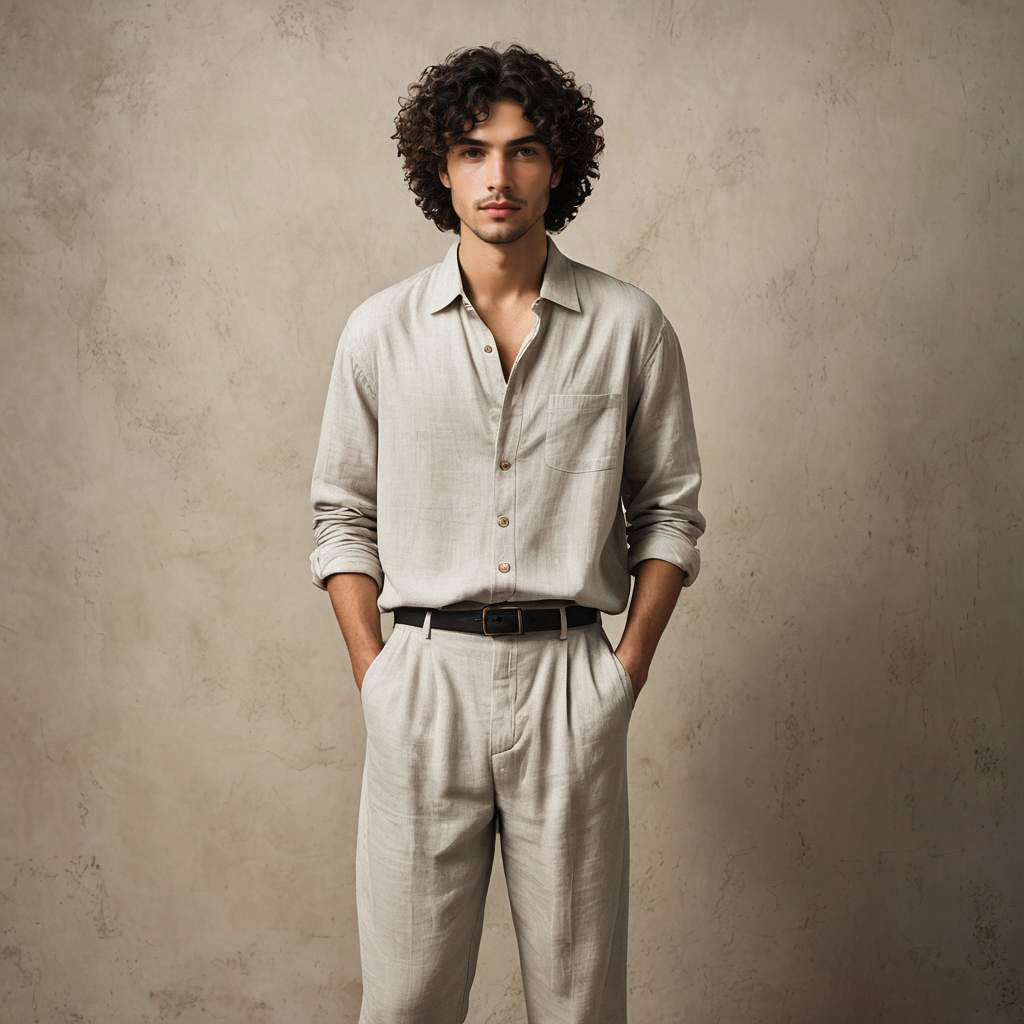 Thoughtful Young Man in Linen Outfit