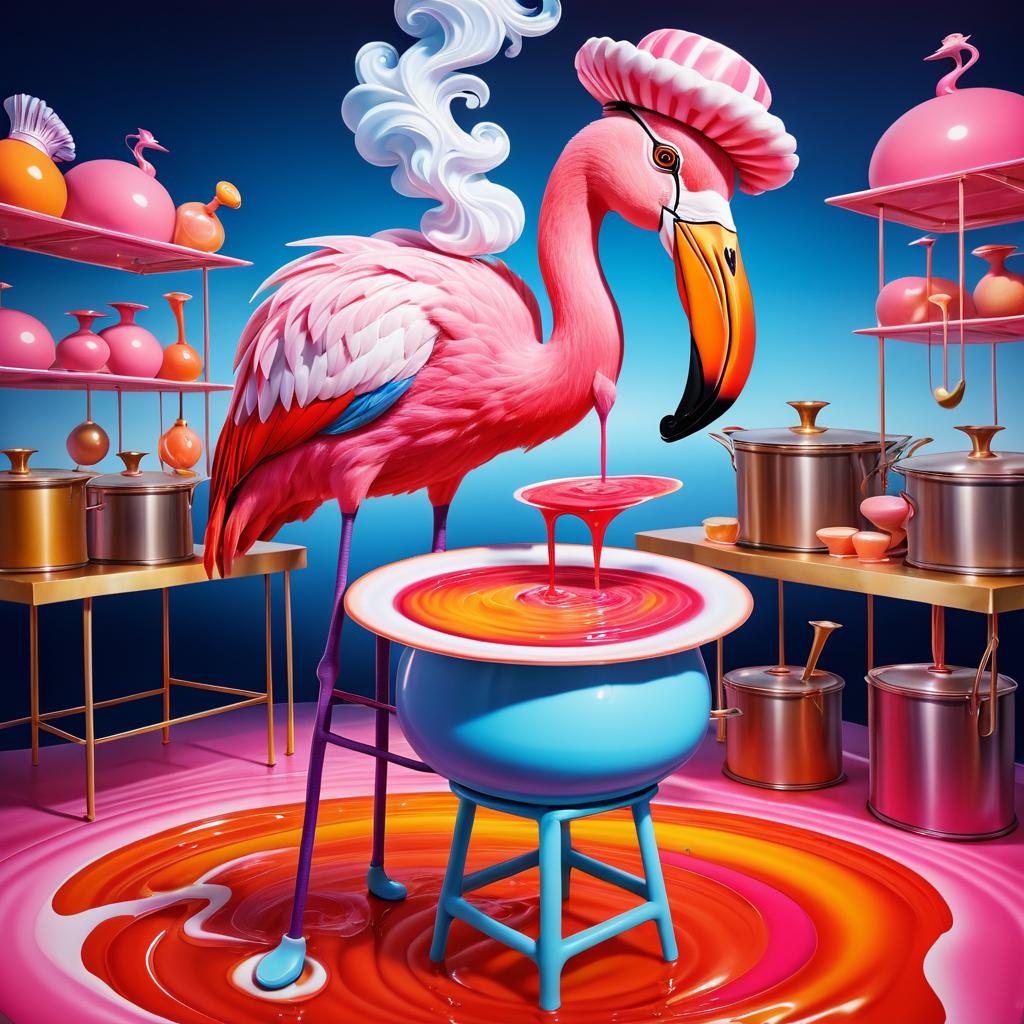 Whimsical Flamingo Chef in Surreal Scene