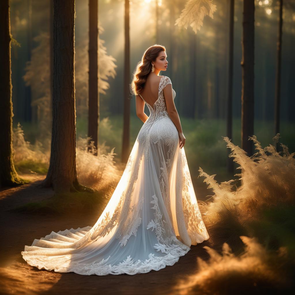 Elegant Woman in Enchanted Forest at Sunset