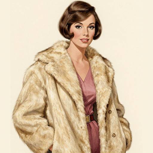 Digital illustration of a stylish woman with short brown hair, wearing a beige fur coat over a pink dress, standing against a white background.