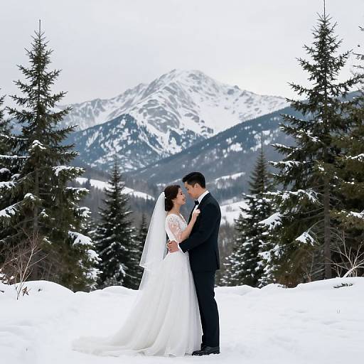 Photograph of a bride in a white lace dress and veil, and groom in a black suit, kissing in a snowy forest with snow-covered mountains and