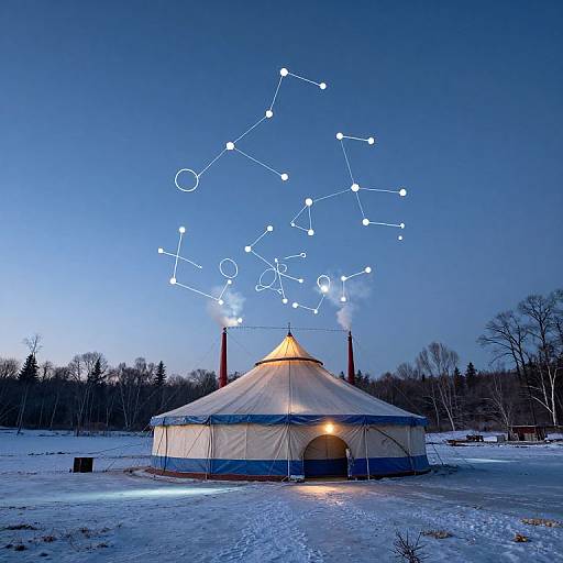 Photograph of a illuminated yurt in a snowy field at twilight, with a constellation light display in the sky above.