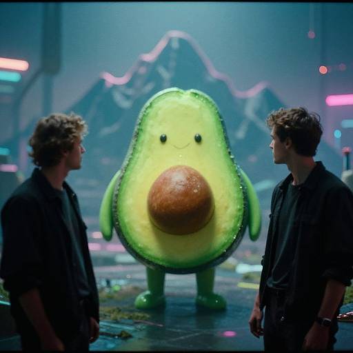 Photograph of two men in black shirts facing a large, green, smiling avocado character with a brown pit, set against a futuristic, neon-lit