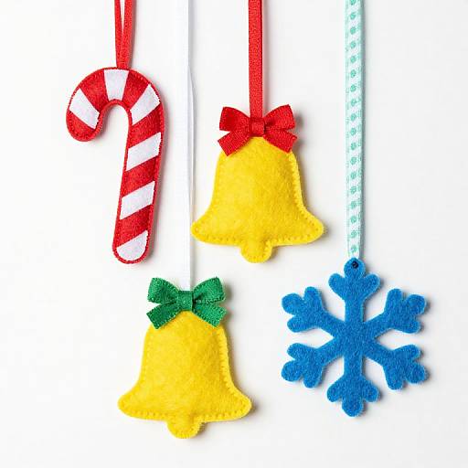 Photograph of festive, colorful felt decorations: red and white candy cane, yellow bells with red and green bows, and blue snowflake, hanging by