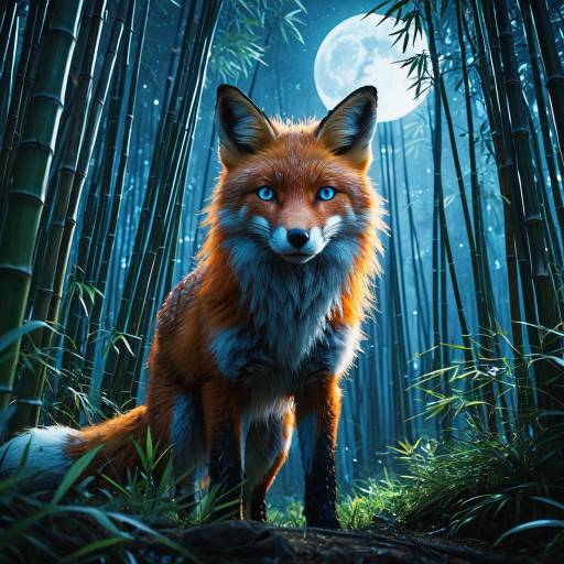 Cybernetic Fox with Glowing Blue Eyes in Moonlit Bamboo Forest Cybernetic Fox with Glowing Blue Eyes in Moonlit Bamboo Forest
