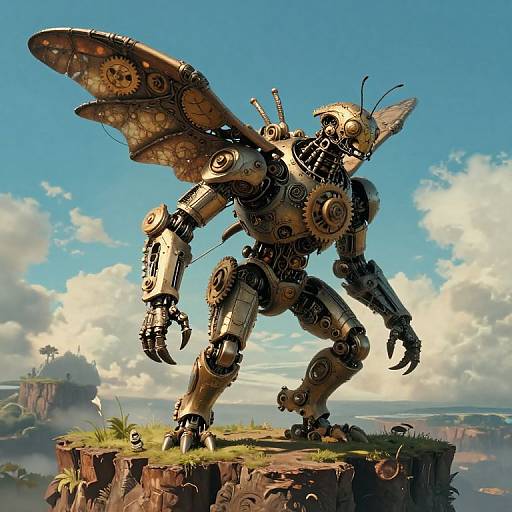 Steampunk robotic insect with brass gears and wings stands on a grassy cliff against a bright blue sky and clouds. Digital art.