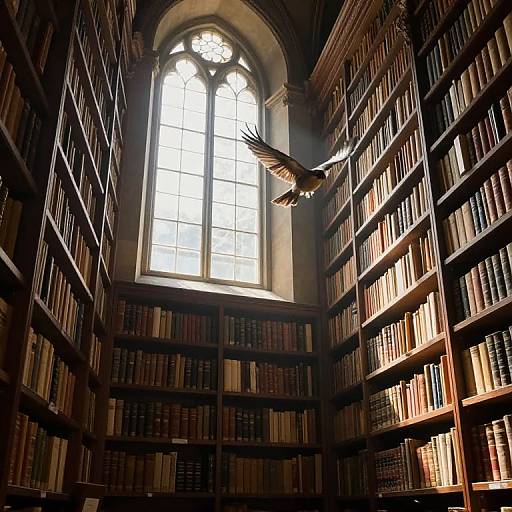Bird in Sunlit Ancient Library