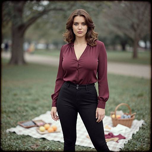 Photograph of a woman with wavy brown hair, wearing a maroon blouse and black pants, standing in a park with a picnic blanket and basket