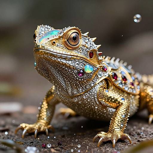Photograph of a golden, jeweled chameleon covered in sparkling gems and colorful stones, with water droplets on its textured skin, set against a