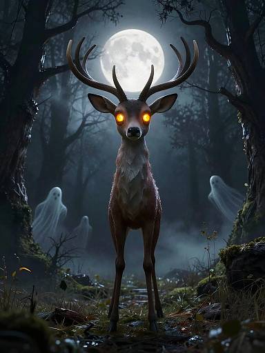 Digital artwork of a glowing-eyed, antlered deer with eerie orange eyes, standing in a dark, foggy forest under a full moon, surrounded
