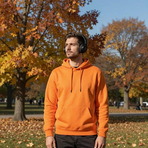 Man in Orange Hoodie with Headphones in Autumn Park