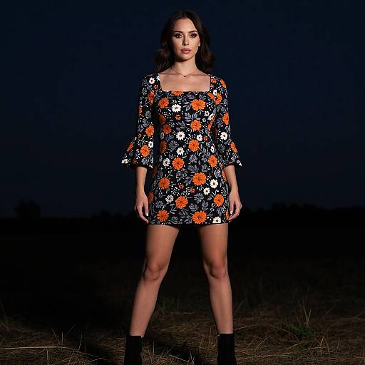 Woman in Floral Mini Dress at Night