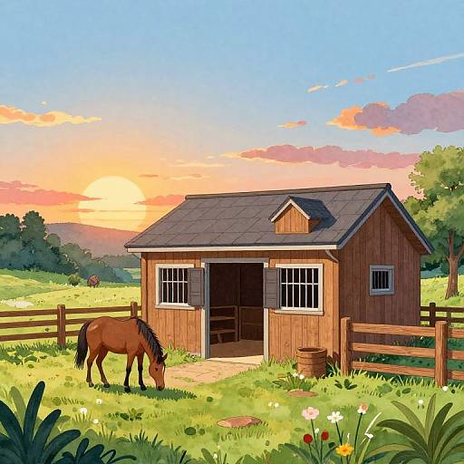 Digital illustration of a wooden barn at sunset, with a brown horse grazing in a lush, colorful meadow. Bright orange and pink sky, green trees
