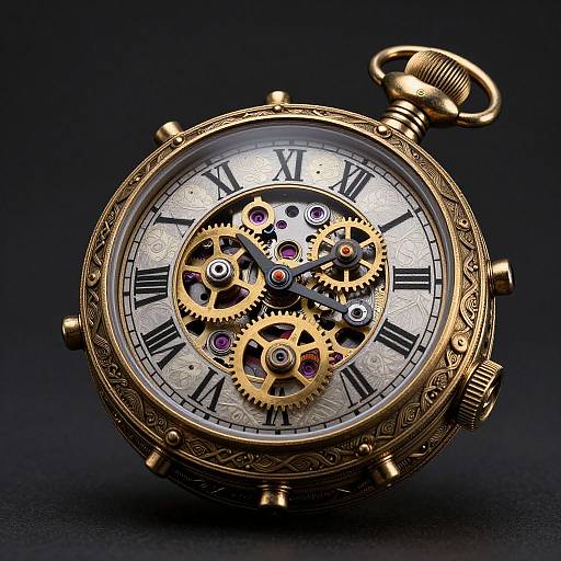 Photograph of a detailed, ornate brass pocket watch with exposed gears, Roman numerals, and purple jewels against a black background.