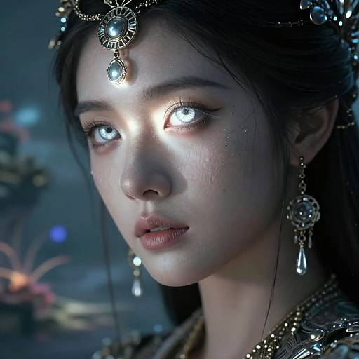 Digital portrait of a mysterious woman with glowing blue eyes, dark hair, and intricate jewelry, illuminated by ethereal light.
