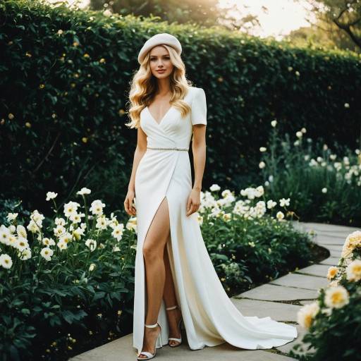 Elegant woman in white gown in garden