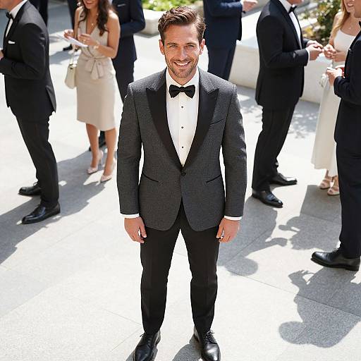 Confident Man in Elegant Tuxedo Plaza