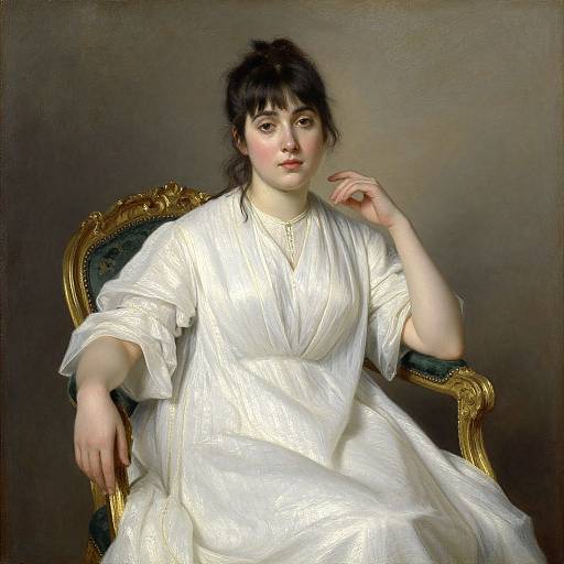 Portrait of a fair-skinned woman with dark hair, wearing a white, flowing dress, seated on a green and gold chair, hand resting on her