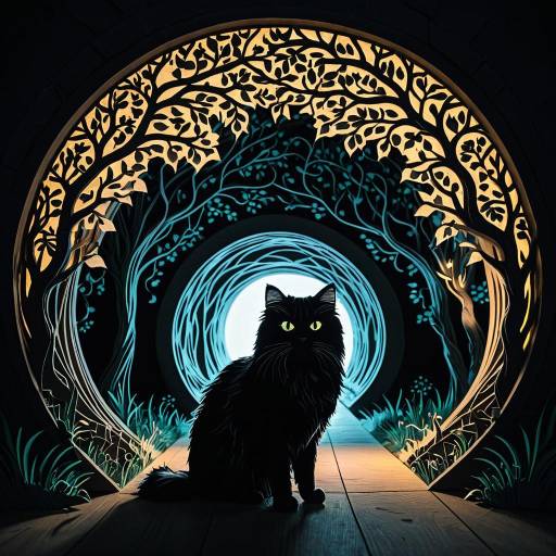 Fluffy Cat in Glowing Paper Cut Tunnel