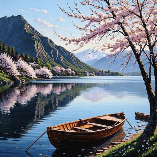Tranquil Mountain Lake with Wooden Boat and Cherry Blossoms