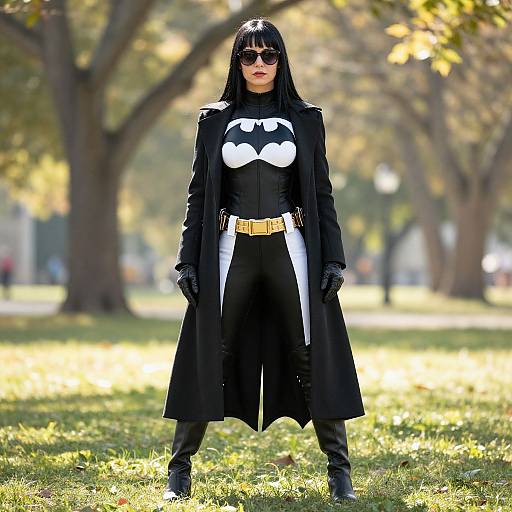 Photograph of a woman in a Black Batwoman cosplay costume with long black hair, sunglasses, black coat, white chest emblem, and yellow belt,