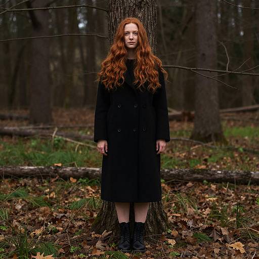 Photograph of a pale, red-haired woman with long wavy hair, wearing a black coat and boots, standing against a tree in a dark,