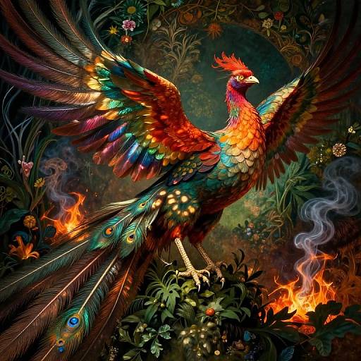 Vibrant digital painting of a colorful phoenix with multicolored feathers, peacock eyespots, and fiery tail, set in a lush,