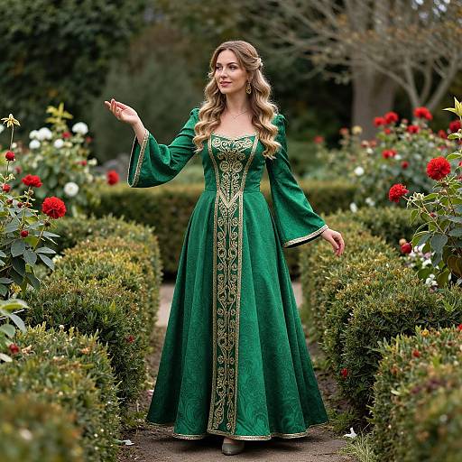 Photograph of a blonde woman in a green, ornate Renaissance-style gown, standing in a lush garden with red and white roses.