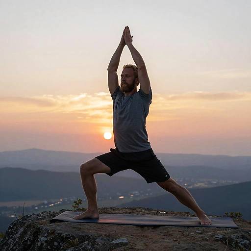 Photograph of a bearded man in a gray t-shirt and black shorts, performing a yoga warrior pose at sunset on a rocky mountain peak.