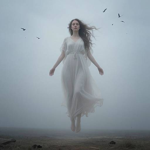 Photograph of a fair-skinned woman with long brown hair, floating mid-air in a flowing white dress, surrounded by birds, against a misty