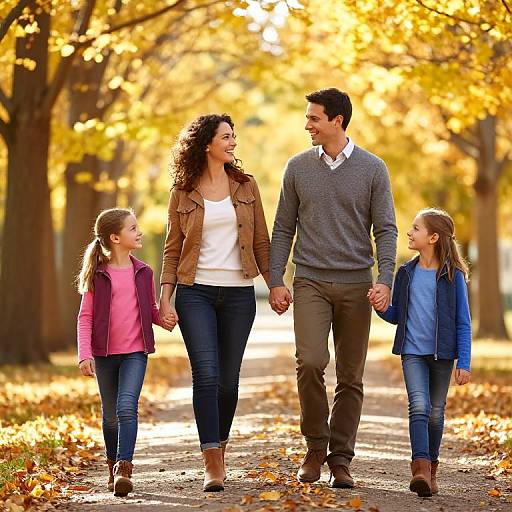 Photograph of a smiling, curly-haired woman and dark-haired man holding hands with their two young daughters, walking on a sunlit autumn path with yellow