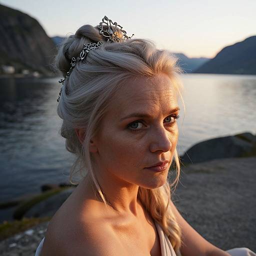 Photograph of a fair-skinned, blonde woman with braided hair, adorned with a black floral headpiece, gazing at the camera by a
