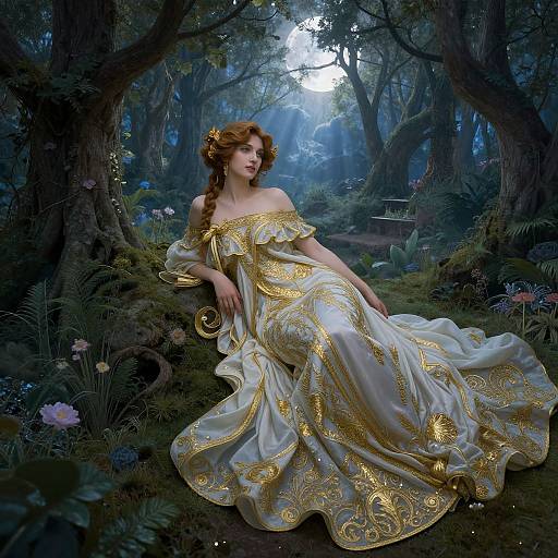 Digital fantasy artwork of a red-haired woman in a gold-embellished off-shoulder gown, sitting in a mystical, moonlit forest with