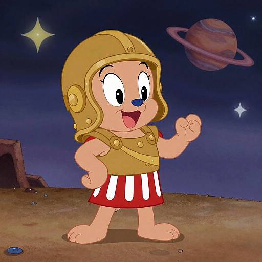Cartoon anthropomorphic dog in Roman armor and red-striped skirt, standing on moonlit planet surface with Saturn and two stars.