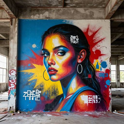 Vibrant graffiti of a dark-haired woman with bold makeup and hoop earrings on a concrete wall in a dilapidated, sunlit industrial building.