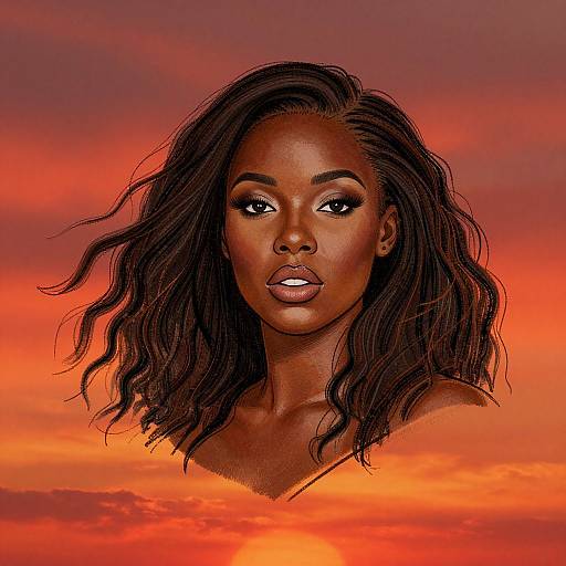 Digital portrait of a beautiful, dark-skinned woman with wavy black hair, striking eyes, and full lips, set against a vivid orange and red