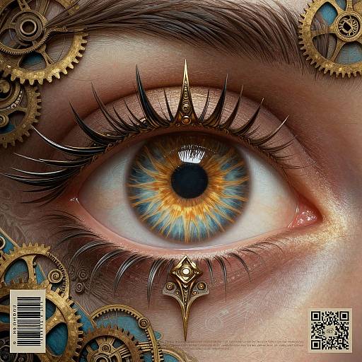 Digital artwork of a blue-eyed human eye with golden gears and mechanical details surrounding it. Includes QR codes and barcode on the left. Realistic textures,