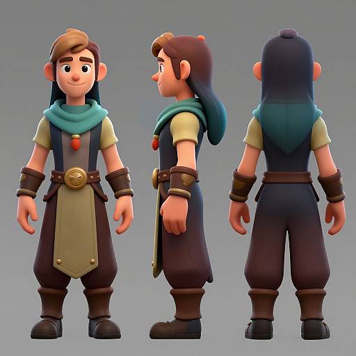 3D cartoon character design: male with brown hair, teal scarf, brown pants, beige vest, gold belt, black boots, front, side,