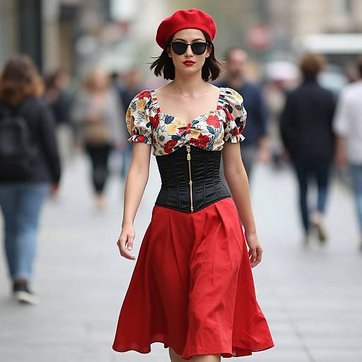 Photograph of a fashionable woman in a red beret, black corset, floral blouse, and red skirt, walking a busy urban street.
