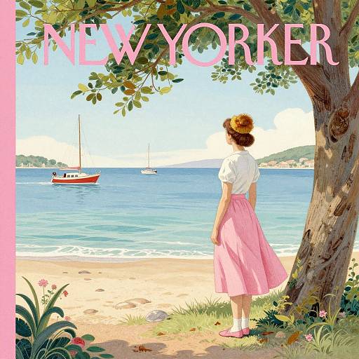 Digital illustration of a woman in a white blouse and pink skirt, standing by a tree on a sunny beach, overlooking a calm blue sea with sailboats