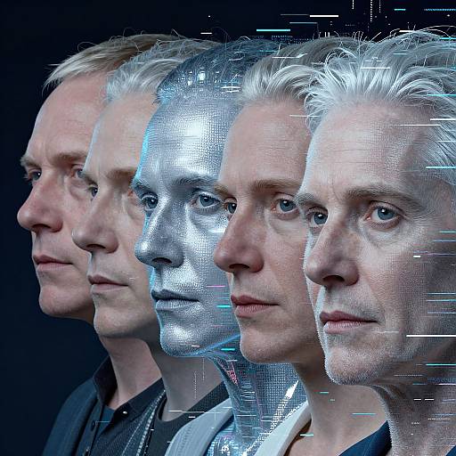 Photograph of three Caucasian men with light hair, side-by-side, in profile; the middle man's face is digitally altered to silver; dark background