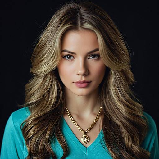 Young Woman with Voluminous Hair and Gold Necklace