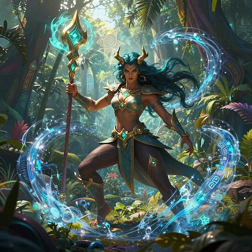 Digital fantasy artwork of a powerful, blue-haired female warrior with horns, glowing blue magic circles, and a staff, in a lush, sunlit jungle