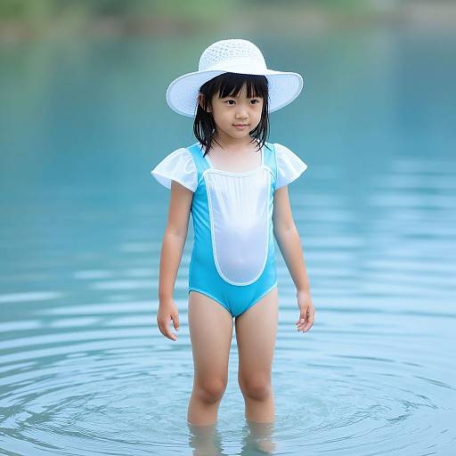 Photograph of an Asian girl with wet black hair, wearing a white sunhat, white and blue swim trunks, standing in shallow water.
